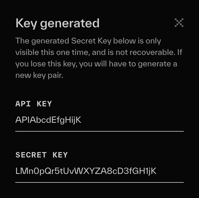 Key generated UI with API key and secret key.